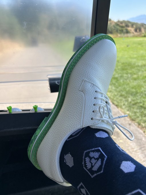 A foot wearing a white sneaker with a green sole and patterned black socks rests on a windowsill overlooking a grassy field.
