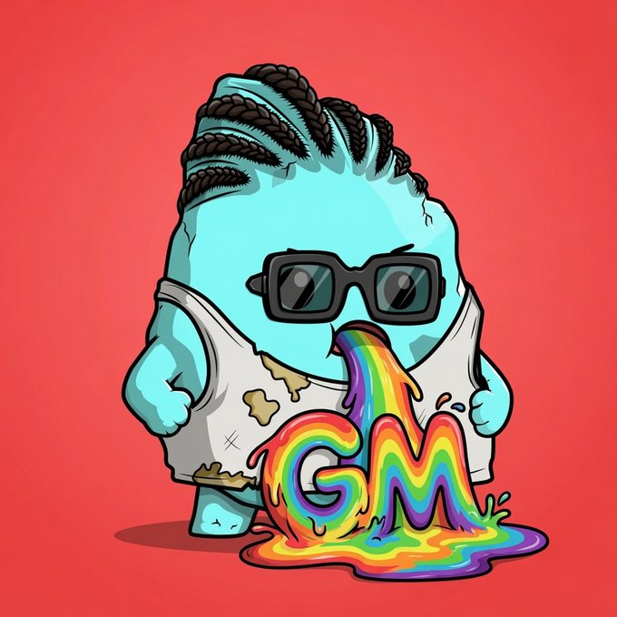 A cartoon turquoise character with cornrow braids, sunglasses, and a stained white tank top vomits rainbow-colored "GM" letters, visually representing the cheerful "Good Morning" greeting "Gm to absolutely everyone Happy Friday."