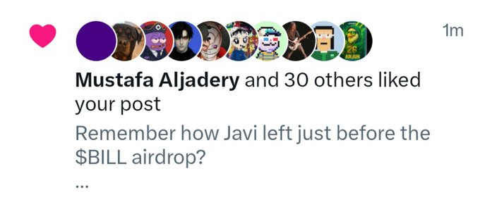 A social media notification shows that "Mustafa Aljadery and 30 others" liked a post reading "Remember how Javi left just before the $BILL airdrop?"—a reference that connects to the captioner's concern about Mustafa's interest in this $BILL-related tweet and their worries about their $POLY investment.