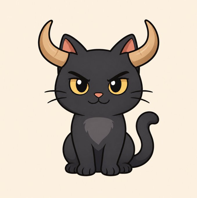 A cute cartoon illustration of a black cat with yellow eyes, pink inner ears, and a gray chest patch, sitting against a plain cream background.