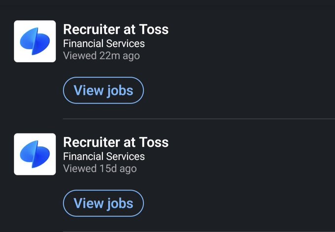 LinkedIn job notifications from a 'Recruiter at Toss' in Financial Services, viewed 22 minutes ago and 15 days ago, with 'View jobs' buttons.
