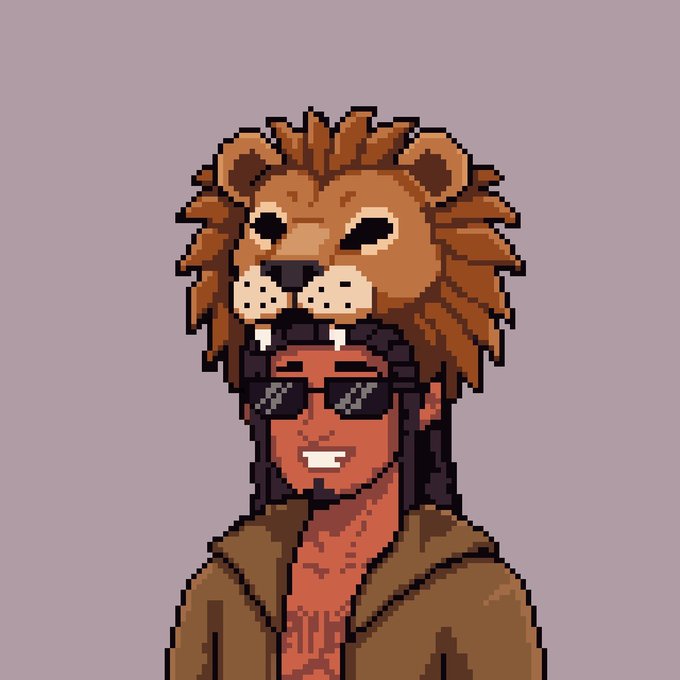 Pixel art of a smiling woman with dark skin wearing sunglasses, with a large lion headdress resting on her head.