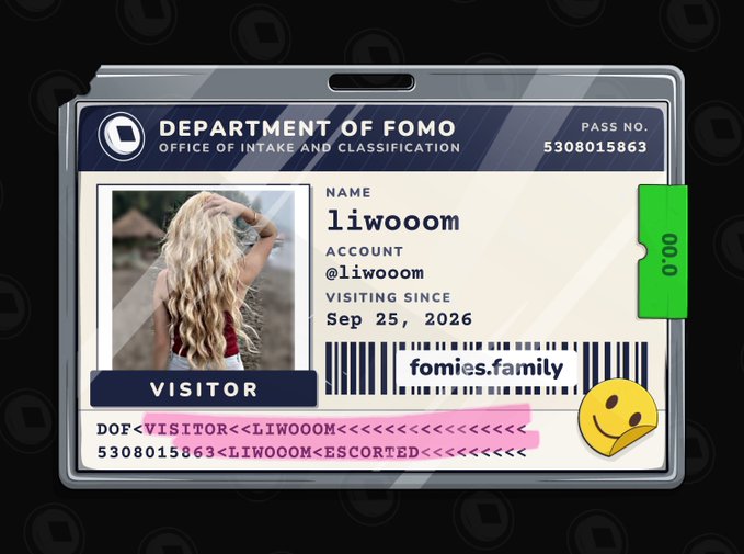 A digital ID card styled as a 'DEPARTMENT OF FOMO' visitor pass for 'liwoom' (@liwoom) with pass number 5308015863, issued Sep 25, 2026, with a barcode labeled 'fomies.family'.
