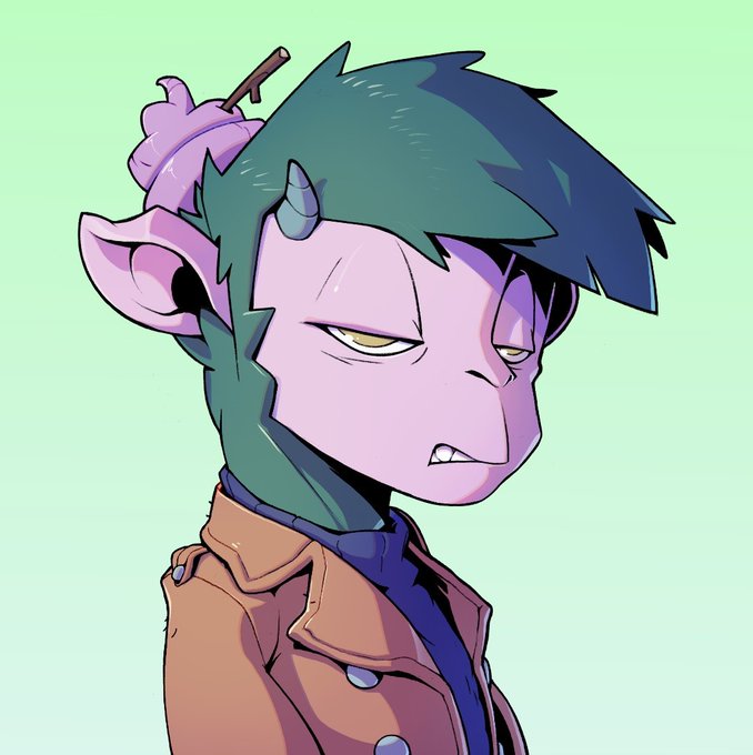 Digital illustration of a purple-skinned humanoid character with green spiky hair, small horns, pointed ears, and a brown jacket against a mint green background.