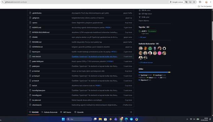 The image shows a GitHub commit history page for the Pi Network repository (github.com/pi-network/pi), displaying recent code updates with contributors like 928.0, v9.67.1, and various developer usernames. The left sidebar shows the latest commit "Özellikler: TipiCoin2.7 ile derlendi ve kaynak kodlar düz..." by user "sevban" and "berkayaltun". This relates to the post by highlighting the active development team working on the codebase, with frequent commits suggesting ongoing work on AI agent features and other technical updates mentioned in the #Pinetwork announcement.