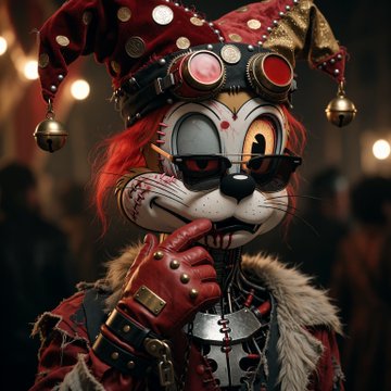 A darkly stylized character illustration features a jester wearing a red and gold pointed hat with bells, goggles, sunglasses, and a mischievous expression in a dimly lit setting.