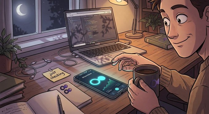 A stylized illustration of a smiling man working late at his laptop, holding a coffee mug, with a smartphone on the desk displaying an infinity symbol and a sticky note that reads 'just checking'.