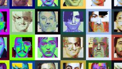 A colorful collage grid composed of various stylized portrait faces with different artistic effects and color treatments.