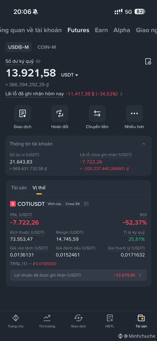 A Binance Futures account screenshot showing a USDⓈ-M position with an unrealized loss of -7,722.24 USDT and a -34.53% daily drop, displaying COTI/USDT position details with -52.37% ROI and 25.81% margin.