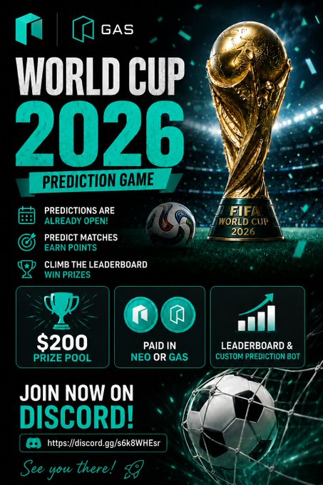 The image features a poster for the World Cup 2016 that includes a trophy, a soccer ball with a goal, and some text about the prediction game and prize pool for those watching the event. It also mentions a Discord bot for making predictions as well as the hashtag "#s6k8WHEsr".