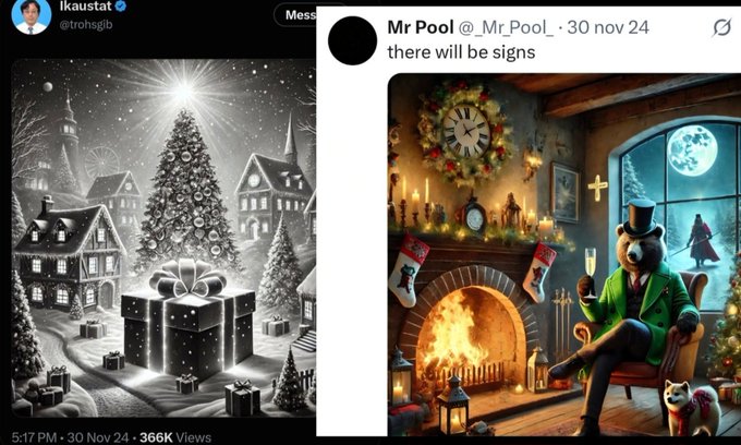 The image shows two social media posts side by side featuring festive holiday scenes: on the left, a tweet from "lkaustat" displays a black-and-white winter village with a glowing Christmas tree and presents, while on the right, "Mr Pool" (@_Mr_PooL_) posted "there will be signs" alongside a colorful image of a well-dressed bear relaxing by a fireplace with champagne.

The images thematically support the caption's message about XRP holders celebrating Christmas, with the festive holiday imagery symbolizing joy, gifts, and anticipation of good news (the "signs") to come for the community.