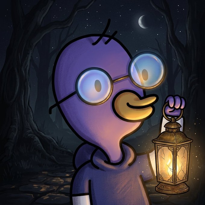 A cartoon purple character with large round glasses and a beak-like mouth holds a glowing lantern in a dark, spooky forest at night under a crescent moon.