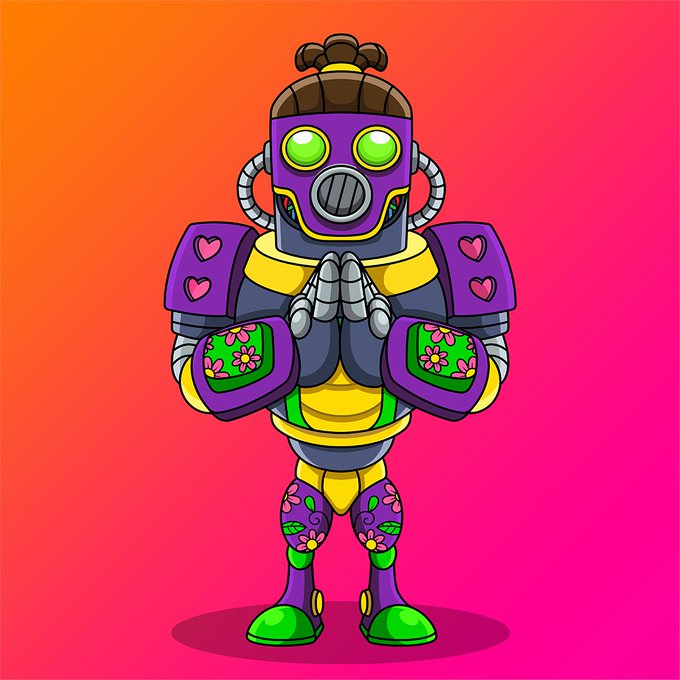 A colorful cartoon illustration of a purple and yellow robot with green eyes, decorated with pink hearts and flower patterns, standing with hands clasped in prayer against a gradient pink and orange background.