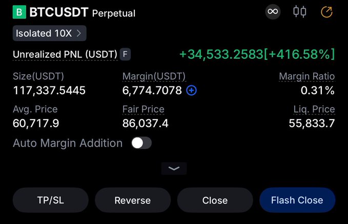 A trading interface shows a BTCUSDT Perpetual isolated 10x position with an unrealized profit of +34,533.25 USDT (+416.58%), entered at an average price of 60,717.9 and a fair price of 86,037.4. The Turkish caption celebrates Bitcoin reaching $86,000 and offers this winning trade as a giveaway to users who like the tweet, with winners to be announced via the JrKripto Telegram channel.