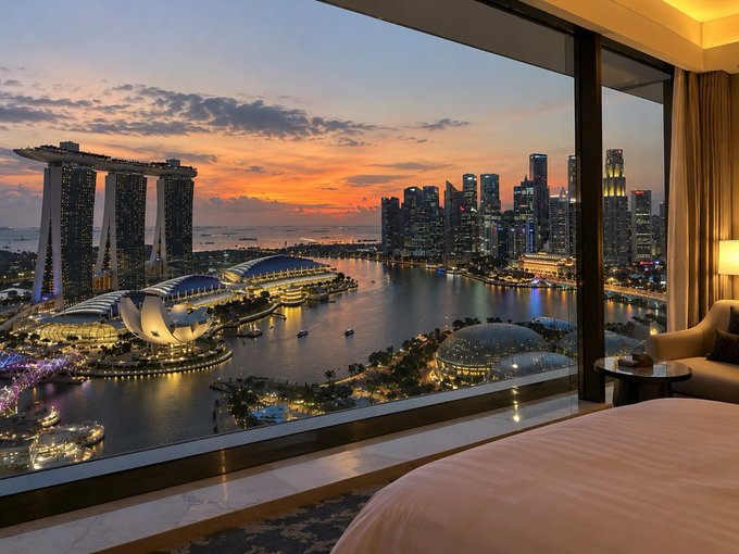 A stunning view of the Singapore skyline at sunset seen through the window of a hotel room, featuring Marina Bay Sands, the ArtScience Museum, and the CBD skyline.