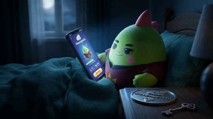 A 3D-rendered green dragon-like character lies in bed under a blanket, looking at a smartphone displaying a 'Sleepagotchi' app interface, with a Sleepagotchi coin and key on the nightstand.