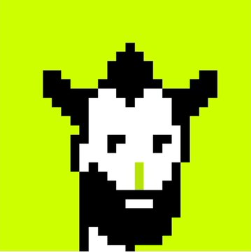 Pixel art of a black bull or cow head with white facial markings and horns, set against a bright green background.