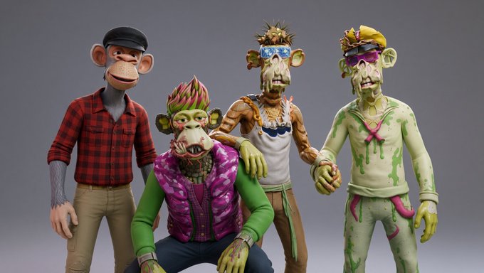 Four stylized zombie-like monkey figurines with colorful accessories and clothing against a gray background.