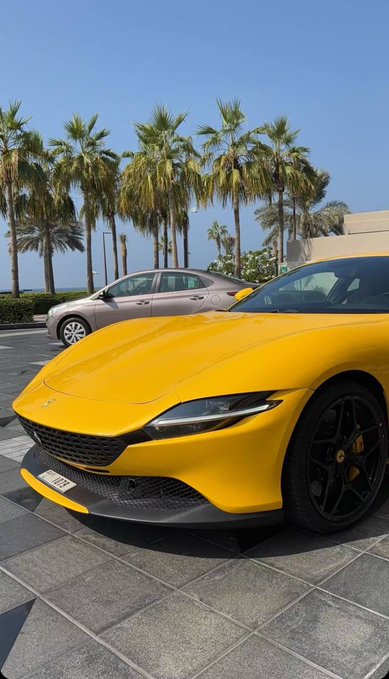 A bright yellow Ferrari (with a visible license plate reading "F 18211") is parked in front of palm trees, with the post "GM to everyone who says GM" humorously attributing the luxury sports car to General Motors' sleek styling and bold presence.