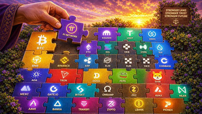 A colorful puzzle-piece collage displaying various cryptocurrency logos (BTC, ETH, BNB, XRP, SOL, etc.) and exchange names (Kraken, Binance, Coinbase) set against a sunset landscape.