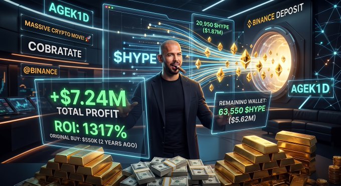 A promotional crypto graphic featuring a man with a cigar, advertising $HYPE token with '+ $7.24M TOTAL PROFIT' and 'ROI: 1317%' alongside Binance deposit information.