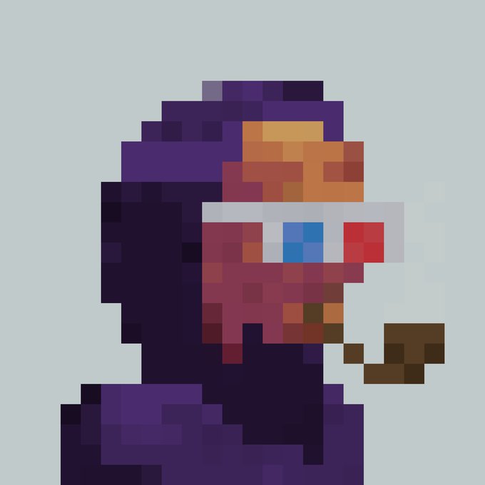 Pixel art portrait of a character with purple hair, wearing a red and white outfit with a blue eye, against a light blue background.
