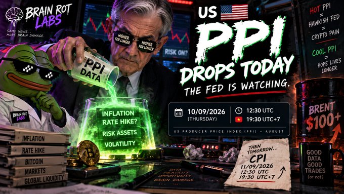 A promotional graphic from 'BRAIN ROT LABS' titled 'US PPI DROPS TODAY - THE FED IS WATCHING' featuring Jerome Powell pouring green liquid into a beaker labeled with inflation warnings, dated 10/09/2026.