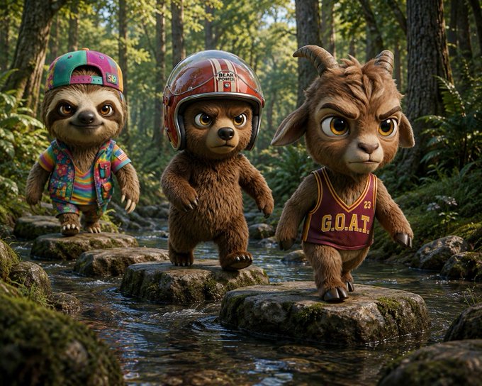 Three cartoonish furry creatures (a sloth, a bear, and a goat wearing a 'G.O.A.T.' jersey) stand on stepping stones in a forest stream, with the bear wearing a helmet reading 'BEAR POWER'.