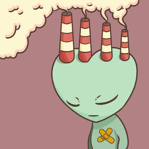An illustration of a sad, light-green character with factory smokestacks emitting pollution from its head, featuring a band-aid on its chest.