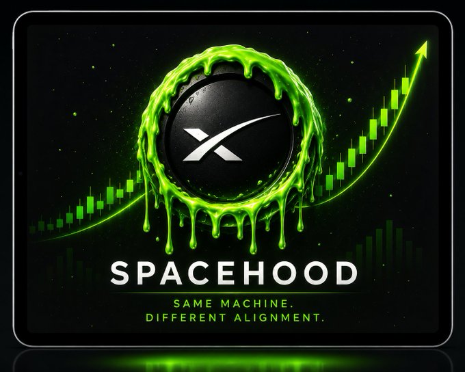 A promotional graphic featuring the text 'SPACEHOOD' with the tagline 'SAME MACHINE. DIFFERENT ALIGNMENT.' alongside an X logo surrounded by dripping green slime and a green candlestick chart with an upward arrow.