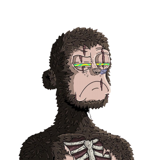 A cartoon illustration of a gorilla displaying its skeletal anatomy, with a tired, bloodshot expression and drooping eyes with multicolored tear streaks.