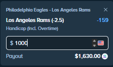 A sports betting slip showing a Philadelphia Eagles vs Los Angeles Rams wager, with Rams (-2.5) at -159 odds, a $1000 bet, and a payout of $1,630.00.