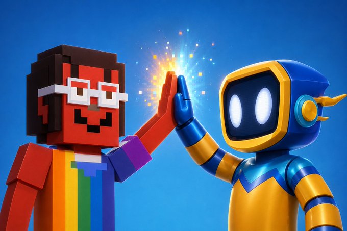 A 3D-rendered red voxel character wearing glasses and a rainbow shirt high-fives a blue and yellow robot against a sparkly blue background.