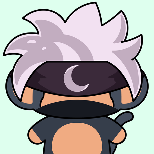 A cartoon chibi-style character with white hair, a black crescent-moon headband, and a black bodysuit with tan accents stands against a light green background, visually representing Chimpers NFT #4428 featured in the migration announcement.