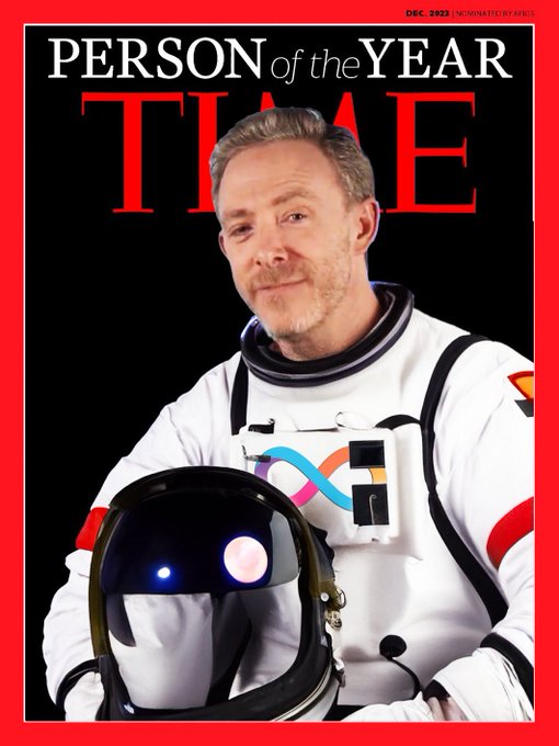 TIME magazine cover from December 2023 naming 'PERSON of the YEAR' featuring a man in a white astronaut suit with a colorful ribbon emblem, holding a black space helmet.
