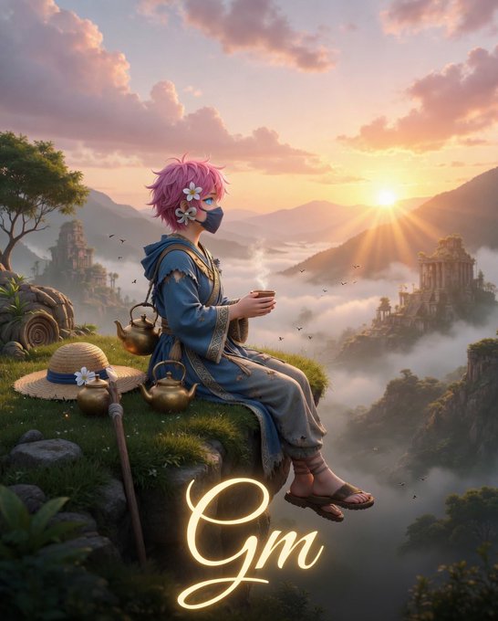 The image features a girl sitting on a cliff overlooking a valley with mountains in the background. The sun is setting behind the mountains, creating a beautiful sunset scene. There are also some objects like a cup of coffee and a hat near her. The text "Gm" appears multiple times throughout the image, possibly indicating that she is the main subject or character in this scene.