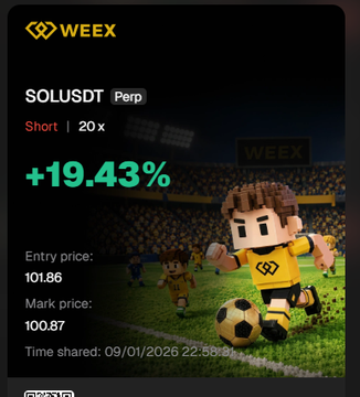 A mobile screenshot from the WEEX exchange displays a winning SOLUSDT Perpetual short trade at 20x leverage, showing a +19.43% gain with an entry price of 101.86 and mark price of 100.87, timestamped 09/01/2026. The image illustrates a profitable trading outcome on the very asset the post discusses—highlighting the contrast between the poster's hesitation to trade it and a successful SOL short position.