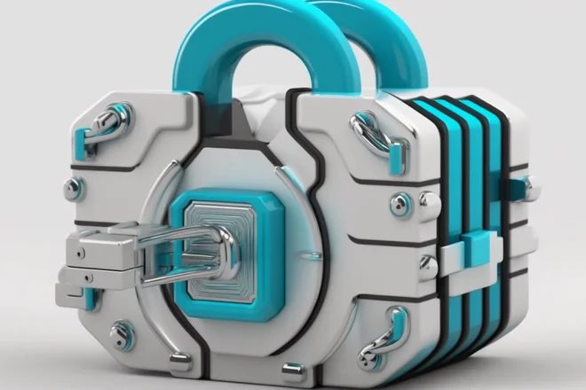 A 3D-rendered white and teal padlock with an intricate, mechanical design featuring multiple latches and layers.
