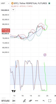 A TradingView chart screenshot showing 'BTC / Tether PERPETUAL FUTURES' at $87,481.5, with a price movement of +873.6 (-1.04%).