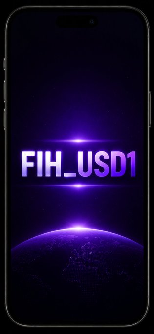 The image features a cell phone displaying a purple background with white text that reads "FIH-USD1" and "gNight CT The move to opBNB marks an important step forward for @FIH_USD1 USD1 as the ecosystem begins its multichain journey". The phone is positioned in front of a black background, which highlights the purple text.