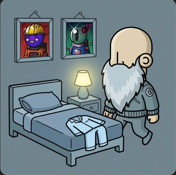 A cartoon illustration of a bald, bearded man in a blue jacket with a "B" logo on the sleeve, walking toward a bed with neatly laid-out clothes in a room with framed pictures on the wall.