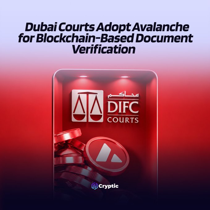 The image features a graphic announcing "Dubai Courts Adopt Avalanche for Blockchain-Based Document Verification," displaying the DIFC Courts logo alongside Avalanche (AVAX) cryptocurrency tokens, visually representing the post's news about DIFC Courts integrating Avalanche's blockchain to issue NFT-based credentials for judicial document verification.