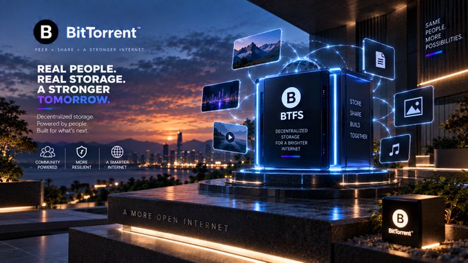 An advertisement for BitTorrent (BTFS) with the tagline 'REAL PEOPLE. REAL STORAGE. A STRONGER TOMORROW,' showing a glowing blue digital cube surrounded by floating media icons.