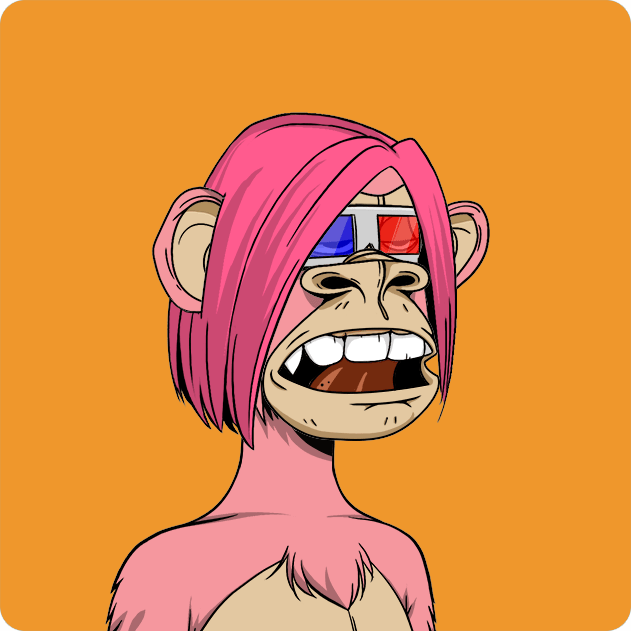 The image features a cartoon-style depiction of a monkey with pink hair wearing glasses that appear to be 3D. The monkey has a wide smile and appears happy, sitting against an orange background. The caption provided reads "Ape #409 Bought for 10.5 ETH 0x2946...a20b 0x6666...", which indicates the monkey is for sale on eBay at 10.5 units of ether, valued at 0.29 bitcoin (0.58 Ether). This is referred to as Monke: opensea.io/collection/bor and appears that the monkey was bought by a bored ape yacht club from Monke: opensea.io/collection/bor.