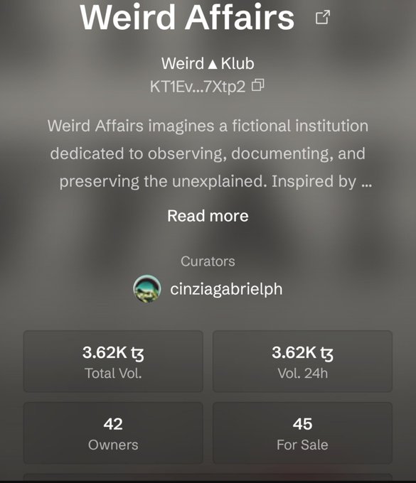 A mobile screenshot of a page titled 'Weird Affairs' on what appears to be a blockchain explorer, showing a 'Weird Klub' collection with a 3.62K total volume, 42 owners, and 45 items for sale, curated by 'cinziagabrielph'.