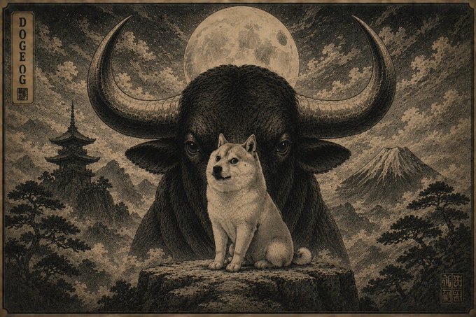 A vintage-style illustration featuring a Shiba Inu dog sitting in front of a large black buffalo, with a full moon, pagoda, and Mount Fuji in the background, and Japanese text 'DOGEOG' on the left.