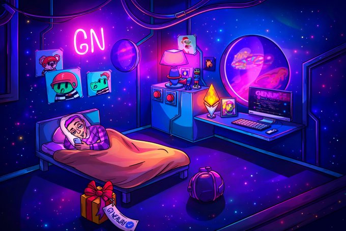 A vibrant cartoon illustration depicts a character in bed looking at a phone in a neon-lit, space-themed room, featuring posters, a gaming setup, a window showing an alien planet, and a 'GOODMAN' gift.