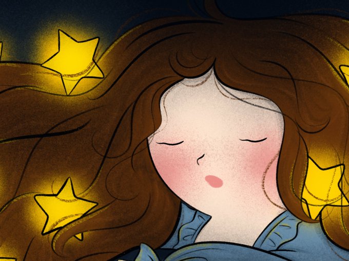 An illustrated portrait of a girl with long brown hair, closed eyes, and pink cheeks, surrounded by glowing yellow stars on a dark background.