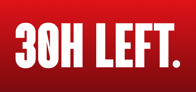 The image displays bold white text reading "30H LEFT." on a red gradient background, serving as a countdown notice. It functions as a promotional graphic alerting viewers that only 30 hours remain to register for the heist simulator game at heisted.xyz.