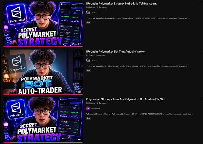 Three YouTube videos promote a "Polymarket Bot" with claims of AI-powered trading profits ($14,291), featuring identical thumbnails of a young man with "Secret Polymarket Strategy" and "Auto-Trader" branding from accounts "macaof2" and others. The repetitive thumbnails, suspicious "tunnel.lat" affiliate links, and promise of easy $14K profits visually support the claim of a coordinated scam using AI-generated content to promote a wallet-draining malware disguised as a trading bot.